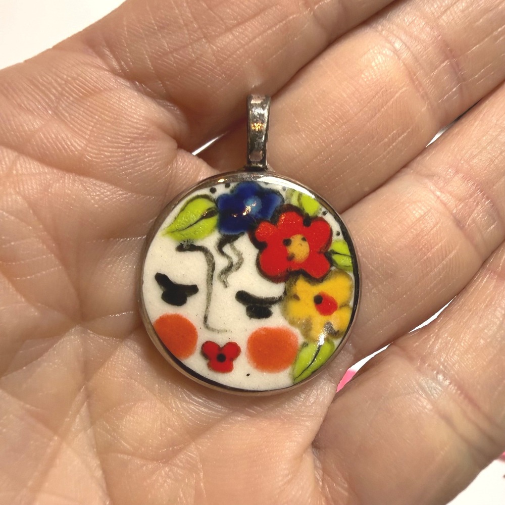 Artisan Signed MH Hand Painted Face Floral Round Pendant White Red Blue 1 Inch